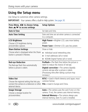 Page 3832www.kodak.com/go/support Doing more with your camera
Using the Setup menu
Use Setup to customize other camera settings.
IMPORTANT: 
Your camera offers a built-in Help system. See page 38.
Press Menu,   to choose Setup, 
then   to access settingsSetup Options
Date & TimeSet date and time.
Auto Time SettingDate and time are set when camera is connected 
to a computer.
LCD Brightness
Choose LCD brightness during 
picture/video capture.High Power—Brighter LCD; uses more battery 
power.
Power Save—Dimmer...