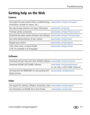 Page 49Troubleshooting
www.kodak.com/go/support
 43
Getting help on the Web
Camera
Software
Other
Get support for your product (FAQs, troubleshooting 
information, arrange for repairs, etc.)www.kodak.com/go/c142support
See step-by-step solutions and repair informationwww.kodak.com/go/itg
Purchase camera accessorieswww.kodak.com/go/c142accessories
Download the latest camera firmware and softwarewww.kodak.com/go/c142downloads 
See online demonstrations of your camerawww.kodak.com/go/howto
Register your...