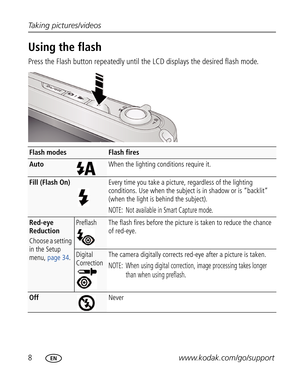 Page 19Downloaded from www.Manualslib.com manuals search engine 8www.kodak.com/go/support Taking pictures/videos
Using the flash
Press the Flash button repeatedly until the LCD displays the desired flash mode.
Flash modesFlash fires
AutoWhen the lighting conditions require it.
Fill (Flash On)Every time you take a picture, regardless of the lighting 
conditions. Use when the subject is in shadow or is “backlit” 
(when the light is behind the subject).
NOTE:  Not available in Smart Capture mode.
Red-eye...