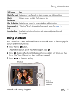 Page 22Downloaded from www.Manualslib.com manuals search engine Taking pictures/videos
www.kodak.com/go/support
 11
Using shortcuts
Your camera has a clean, uncluttered interface. For quick access to the most popular 
capture and review functions: 
1Press the Info   button. 
The shortcuts appear. To hide the shortcuts again, press  .
2Press   to access functions like Exposure Compensation, Self-timer, and Auto 
focus. (You’ll see different functions in different modes.)
3Press   to choose a setting.
Night...