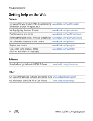 Page 55Downloaded from www.Manualslib.com manuals search engine 44www.kodak.com/go/support Troubleshooting
Getting help on the Web
Camera
Software
Other
Get support for your product (FAQs, troubleshooting 
information, arrange for repairs, etc.)www.kodak.com/go/c143support
See Step-by-Step Solutions & Repairwww.kodak.com/go/stepbystep
Purchase camera accessorieswww.kodak.com/go/c143accessories
Download the latest camera firmware and softwarewww.kodak.com/go/c143downloads 
See online demonstrations of your...