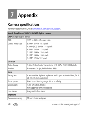 Page 54Downloaded from www.Manualslib.com manuals search engine 48www.kodak.com/go/support
7Appendix
Camera specifications
For more specifications, visit www.kodak.com/go/c530support.
Kodak EasyShare C530/C315/CD50 digital camera
CCD (charge-coupled device)
CCD 1/2.5 in. CCD, 4:3 aspect ratio
Output image size 5.0 MP: 2576 x 1932 pixels
4.4 MP (3:2): 2576 x 1712 pixels
4.0 MP: 2304 x 1728 pixels
3.1 MP: 2048 x 1536 pixels
2.1 MP: 1664 x 1248 pixels 
1.1 MP: 1216 x 912 pixels 
Displays
Color display 1.5 in. (3.8...