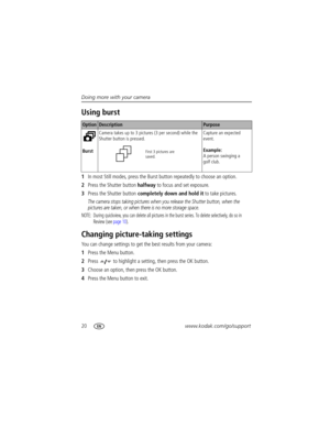 Page 2620www.kodak.com/go/support Doing more with your camera
Using burst
1In most Still modes, press the Burst button repeatedly to choose an option.
2Press the Shutter button halfway to focus and set exposure.
3Press the Shutter button completely down and hold it to take pictures.
The camera stops taking pictures when you release the Shutter button, when the 
pictures are taken, or when there is no more storage space.
NOTE:  During quickview, you can delete all pictures in the burst series. To delete...