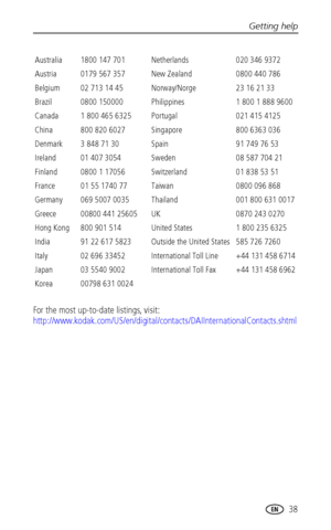 Page 45Getting help
www.kodak.com/go/support
 38
For the most up-to-date listings, visit: 
http://www.kodak.com/US/en/digital/contacts/DAIInternationalContacts.shtml
Australia1800 147 701Netherlands020 346 9372
Austria0179 567 357New Zealand0800 440 786
Belgium02 713 14 45Norway/Norge23 16 21 33
Brazil0800 150000Philippines1 800 1 888 9600
Canada1 800 465 6325Portugal021 415 4125
China800 820 6027Singapore800 6363 036
Denmark3 848 71 30Spain91 749 76 53
Ireland01 407 3054Sweden08 587 704 21
Finland0800 1...