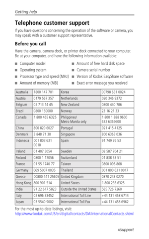 Page 68Getting help
 60www.kodak.com/go/support
Telephone customer support
If you have questions concerning the operation of the software or camera, you 
may speak with a customer support representative. 
Before you call
Have the camera, camera dock, or printer dock connected to your computer. 
Be at your computer, and have the following information available:
For the most up-to-date listings, visit: 
http://www.kodak.com/US/en/digital/contacts/DAIInternationalContacts.shtml
■Computer model 
■Operating system...