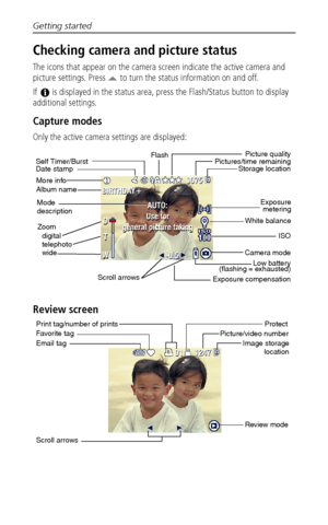 Page 12Getting started
 6
Checking camera and picture status
The icons that appear on the camera screen indicate the active camera and 
picture settings. Press   to turn the status information on and off.
If   is displayed in the status area, press the Flash/Status button to display 
additional settings.
Capture modes
Only the active camera settings are displayed:
Review screen
Exposure compensationCamera mode
Low battery
Date stamp Self Timer/BurstFlashPicture quality
Pictures/time remaining
Storage location...