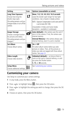 Page 25Taking pictures and videos
 19
Customizing your camera
Use Setup to customize your camera settings.
1In any mode, press the Menu button.
2Press   to highlight Setup  , then press the OK button.
3Press   to highlight the setting you wish to change, then press the OK 
button.
4Choose an option, then press the OK button.
Long Time Exposure
Choose how long the 
shutter stays open.
This setting remains until you 
change modes or turn off the 
camera.
None, 1.0, 2.0, 4.0, 8.0, 16.0 seconds
Leave the shutter...