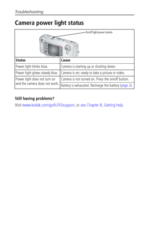 Page 48Troubleshooting
 42
Camera power light status
Still having problems?
Visit www.kodak.com/go/ls743support, or see Chapter 8, Getting help.
Status Cause
Power light blinks blue. Camera is starting up or shutting down.
Power light glows steady blue. Camera is on; ready to take a picture or video.
Power light does not turn on 
and the camera does not work.Camera is not turned on. Press the on/off button.
Battery is exhausted. Recharge the battery (page 2).
On/off light/power button
Downloaded From...