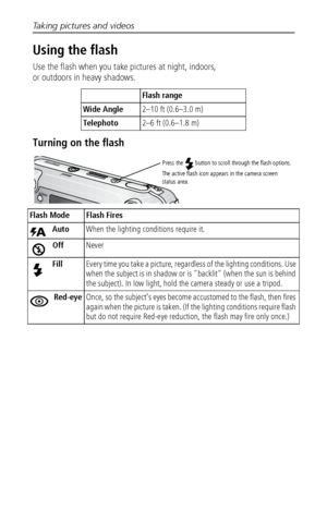 Page 20Taking pictures and videos
 14
Using the flash
Use the flash when you take pictures at night, indoors, 
or outdoors in heavy shadows. 
Turning on the flash
Flash range
Wide Angle2–10 ft (0.6–3.0 m)
Telephoto2–6 ft (0.6–1.8 m)
Flash Mode Flash Fires
Auto  When the lighting conditions require it.
OffNever
FillEvery time you take a picture, regardless of the lighting conditions. Use 
when the subject is in shadow or is "backlit" (when the sun is behind 
the subject). In low light, hold the camera...