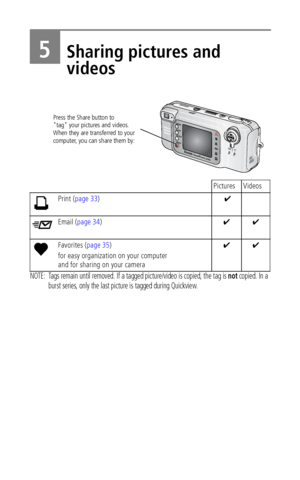 Page 38 32
5Sharing pictures and 
videos
NOTE:  Tags remain until removed. If a tagged picture/video is copied, the tag is not copied. In a 
burst series, only the last picture is tagged during Quickview.
Pictures Videos
Print (page 33) ✔
Email (page 34)✔✔
Favorites (page 35)
for easy organization on your computer 
and for sharing on your camera✔✔
Press the Share button to
"tag" your pictures and videos.
When they are transferred to your
computer, you can share them by:
Downloaded From...