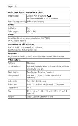 Page 54Appendix
 48
Image storage Optional MMC or SD Card   
(The SD logo is a trademark of the SD Card Association.)
Internal storage capacity 32 MB internal memory
Review
Quickview Yes
Video output NTSC or PAL
Power
Kodak EasyShare Li-Ion rechargeable battery (KLIC-5000)
5V AC adapter, optional
Communication with computer
USB 2.0 (PIMA 15740 protocol), via USB cable, 
EasyShare camera dock, or printer dock
Languages
English/French/German/Spanish/Italian/Portuguese/Chinese/Korean/Japanese
Other features...