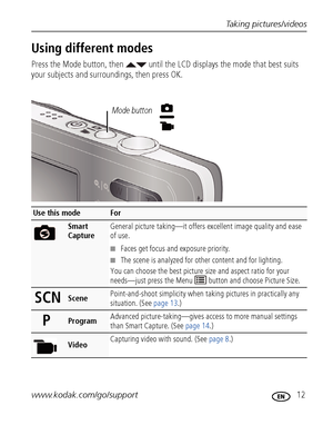 Page 19Taking pictures/videos
www.kodak.com/go/support
 12
Using different modes
Press the Mode button, then   until the LCD displays the mode that best suits 
your subjects and surroundings, then press OK.
Use this modeFor
Smart 
CaptureGeneral picture taking—it offers excellent image quality and ease 
of use. 
■Faces get focus and exposure priority.
■The scene is analyzed for other content and for lighting.
You can choose the best picture size and aspect ratio for your 
needs—just press the Menu   button and...