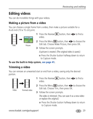 Page 35Reviewing and editing
www.kodak.com/go/support
 29
Editing videos
You can do incredible things with your videos.
Making a picture from a video
You can choose a single frame from a video, then make a picture suitable for a 
4 x 6-inch (10 x 15 cm) print.  1Press the Review  button, then  to find a 
video. 
2 Press the Menu   button, then   to choose the 
Edit tab. Choose Make Picture, then press OK.
3 Follow the screen prompts.
A picture is created. (The original video is saved.)
■Press the Shutter button...