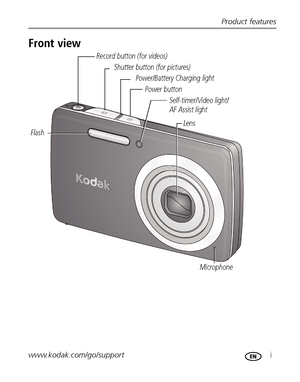 Page 3Product features
www.kodak.com/go/support
 i
Front view
Lens
Microphone FlashSelf-timer/Video light/
AF Assist light
Shutter button (for pictures)
Power/Battery Charging light
Record button (for videos)
Power button
Downloaded From camera-usermanual.com Kodak Manuals 