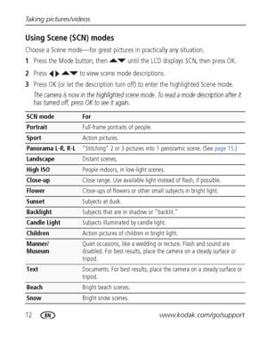 Page 1812www.kodak.com/go/support Taking pictures/videos
Using Scene (SCN) modes
Choose a Scene mode—for great pictures in practically any situation.
1Press the Mode button, then   until the LCD displays SCN, 
then press OK.
2Press     to view scene mode descriptions.
3Press OK (or let the description turn off) to enter the highlighted Scene mode.
The camera is now in the highlighted scene mode. To read a mode description after it 
has turned off, press OK to see it again.
SCN mode For
PortraitFull-frame...