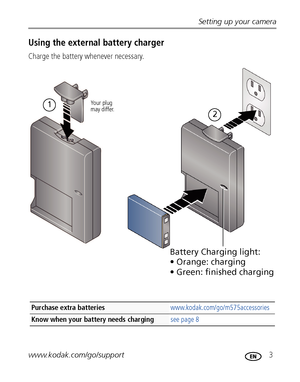 Page 9Setting up your camera
www.kodak.com/go/support
 3
Using the external battery charger
Charge the battery whenever necessary.
Purchase extra batteries www.kodak.com/go/m575accessories
Know when your battery needs charging see page 8
1
2
Battery Charging light:
• Orange: charging
• Green: finished charging
Your plug
may differ.
Downloaded From camera-usermanual.com Kodak Manuals 