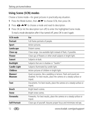 Page 1812www.kodak.com/go/support Taking pictures/videos
Using Scene (SCN) modes
Choose a Scene mode—for great pictures in practically any situation.
1Press the Mode button, then   to choose SCN, 
then press OK.
2Press     to choose a mode and read its description.
3Press OK (or let the description turn off) to enter the highlighted Scene mode.
To read a mode description after it has turned off, press OK to see it again.
SCN mode For
PortraitFull-frame portraits of people. 
SportAction pictures....