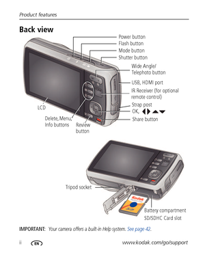 Page 4iiwww.kodak.com/go/support Product features
Back view
IMPORTANT: Your camera offers a built-in Help system. See page 42.
OK,  Wide Angle/
Telephoto button
Battery compartment
SD/SDHC Card slot Tr i p o d  s o c ke t LCD
Share button USB, HDMI port Power button
Flash button
Mode button
Shutter button
Delete, Menu, 
Info buttonsStrap post
Review 
button
IR Receiver (for optional 
remote control)
Downloaded From camera-usermanual.com Kodak Manuals 