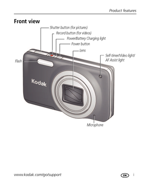 Page 3Product features
www.kodak.com/go/support
 i
Front view
Lens
Microphone FlashSelf-timer/Video light/
AF Assist light
Record button (for videos)
Power/Battery Charging light
Shutter button (for pictures)
Power button
Downloaded From camera-usermanual.com Kodak Manuals 
