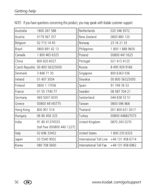 Page 6256www.kodak.com/go/support Getting help
NOTE:  If you have questions concerning this product, you may speak with Kodak customer support.
Australia1800 267 588Netherlands020 346 9372
Austria0179 567 357New Zealand0800 880 120
Belgium02 713 14 45Norway23 16 21 33
Brazil0800 891 42 13Philippines1 800 1 888 9600
Canada1 800 465 6325Poland 00800 4411625
China800 820 6027Portugal 021 415 4125
Czech Republic00 800 56325000Russia8 495 929 9166
Denmark 3 848 71 30
Singapore 800 6363 036
Ireland01 407 3054Slovakia...