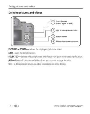 Page 2417www.kodak.com/go/support Taking pictures and videos
Deleting pictures and videos
PICTURE or VIDEO—deletes the displayed picture or video.
EXIT—exits the Delete screen.
SELECTED—deletes selected pictures and videos from your current storage location.
ALL—deletes all pictures and videos from your current storage location.
NOTE:  To delete protected pictures and videos, remove protection before deleting.
1
2
Press Review.
(Press again to exit.)
to view previous/next.
Press Delete.
Follow the screen...