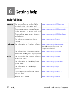 Page 8275www.kodak.com/go/support
6Getting help
Helpful links
CameraGet support for your product (FAQs, 
troubleshooting information, etc.)www.kodak.com/go/p880support
Purchase camera accessories (camera 
docks, printer docks, lenses, cards, etc.)www.kodak.com/go/p880accessories
Download the latest camera firmware 
and softwarewww.kodak.com/go/p880downloads 
See online demonstrations of your 
camerawww.kodak.com/go/howto
SoftwareGet information on EasyShare softwarewww.kodak.com/go/easysharesw 
(or click the...