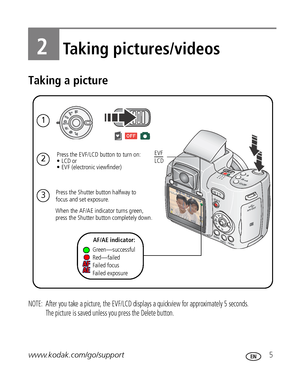 Page 11www.kodak.com/go/support 5
2Taking pictures/videos
Taking a picture
NOTE:  After you take a picture, the EVF/LCD displays a quickview for approximately 5 seconds.  
The picture is saved unless you press the Delete button.
3
1
2
Press the Shutter button halfway to 
focus and set exposure. Press the EVF/LCD button to turn on: 
• LCD or 
• EVF (electronic viewfinder)
AF/AE indicator:
Green—successful 
Red—failed 
Failed focus  
Failed exposureEVF 
LCD
When the AF/AE indicator turns green, 
press the Shutter...