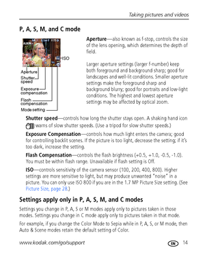 Page 21Taking pictures and videos
www.kodak.com/go/support
 14
P, A, S, M, and C mode
Aperture—also known as f-stop, controls the size 
of the lens opening, which determines the depth of 
field. 
Larger aperture settings (larger f-number) keep 
both foreground and background sharp; good for 
landscapes and well-lit conditions. Smaller aperture 
settings make the foreground sharp and 
background blurry; good for portraits and low-light 
conditions. The highest and lowest aperture 
settings may be affected by...