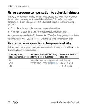 Page 2216www.kodak.com/go/support Taking pictures/videos
Using exposure compensation to adjust brightness
In P, A, S, and Panorama modes, you can adjust exposure compensation before you 
take a picture to make your pictures darker or lighter. Only the first picture in 
Panorama mode can be adjusted—that adjustment is applied to the remaining 
pictures.
■Press  to access the exposure compensation setting.
■Press  to decrease or  to increase exposure compensation.
An exposure compensation level is shown on the...