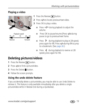 Page 25Working with pictures/videos
www.kodak.com/go/support
 19
Playing a video 
1Press the Review  button.
2Press  to locate previous/next video.
3Press OK to play a video.
■Press  during playback to adjust the 
volume. 
■ Press OK to pause/resume.(Press  during 
pause to go to previous/next frame. 
■Press   during playback to play at 2X speed; 
press again for 4X. Press  during 4X to jump 
to a bookmark. (See page 26.)
■Press   during playback to reverse at 2X 
speed; press again for 4X.
Deleting...