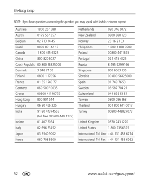 Page 5852www.kodak.com/go/support Getting help
NOTE:  If you have questions concerning this product, you may speak with Kodak customer support.
Australia 1800 267 588Netherlands 020 346 9372
Austria 0179 567 357New Zealand 0800 880 120
Belgium 02 713 14 45Norway 23 16 21 33
Brazil 0800 891 42 13Philippines 1 800 1 888 9600
Canada 1 800 465 6325Poland 00800 4411625
China 800 820 6027Portugal 021 415 4125
Czech Republic 00 800 56325000Russia 8 495 929 9166
Denmark 3 848 71 30Singapore 800 6363 036
Finland 0800 1...