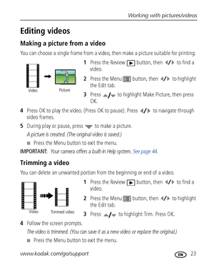 Page 29Working with pictures/videos
www.kodak.com/go/support
 23
Editing videos
Making a picture from a video
You can choose a single frame from a video, then make a picture suitable for printing. 
1Press the Review  button, then   to find a 
video. 
2Press the Menu  button, then   to highlight 
the Edit tab.
3Press   to highlight Make Picture, then press 
OK.
4Press OK to play the video. (Press OK to pause). Press   to navigate through 
video frames. 
5During play or pause, press   to make a picture.
A picture...