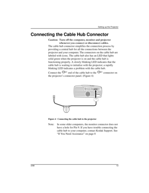 Page 17Setting up the Projector
3/9913
Connecting the Cable Hub Connector  
	 
		
					

					
The cable hub connector simplifies the connection process by 
providing a central hub for all the connections between the 
projector and your computer. The connectors on the cable hub are 
labeled with icons. The cable hub also has an LED that lights 
solid green when the projector is on and the cable hub is 
functioning properly. A slowly...