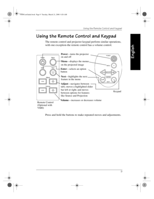 Page 13Using the Remote Control and Keypad
9
English
Using the Remote Control and Keypad
The remote control and projector keypad perform similar operations, 
with one exception-the remote control has a volume control.
Press and hold the buttons to make repeated moves and adjustments.
POWER
MENU
ADJUST
ENTER
NEXTPowerMenu
Enter
Next
Adjust
Volume
Power—turns the projector 
Menu—displays the menus
Adjust—navigates between 
Remote Control Keypad
Volume—increases or decreases volume
Enter—selects an option 
on and...