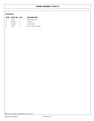 Page 16FRAME ASSEMBLY (PART 2)
Continued...
ITEM PART NO. QTY.DESCRIPTION
90 002020 2SPACER, PLASTIC
91 02963584 8LOCKNUT
92 02963585 8SCREW SLOT
93 703520 2ASSY, SAFETY SWITCH
©2016 Alamo Group Inc. Parts Section -11
02977160 - Interstater - Rear Mount (10-07)_05-16 