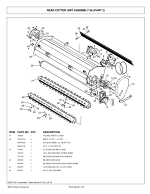 Page 31REAR CUTTER UNIT ASSEMBLY 96 (PART 2)
ITEM
PART NO. QTY.DESCRIPTION
39 108028 1WLDMT,FOOT GUARD
40 02030700 6HHCS 1/2 NC  1 1/4 PL5
00019600 4LOCKWASHER  1/2  HEAVY PL
00001200 4NUT  1/2 NC HEX PL
41 703692 2ASY ROLLER BRG & HSG
703976 2ASY- ROLLER BRG W/HEX BORE
107340 2HOUSING,BEARING,MACHINED
42 002040 2BEARING,ROLLER
002486 2BEARING-REAR ROLLER W/HEX BORE
43 002039 2ASY GREASE FTG 1/4-28 90 DEG
44 002037 2SEAL- ROLLER BRG
©2016 Alamo Group Inc. Parts Section -26
02977160 - Interstater - Rear Mount...