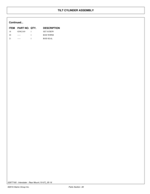 Page 44TILT CYLINDER ASSEMBLY
Continued...
ITEM PART NO. QTY.DESCRIPTION
18 02962169 1SET SCREW
20 ----- 1ROD WIPER
21 ----- 1ROD SEAL
©2016 Alamo Group Inc. Parts Section -39
02977160 - Interstater - Rear Mount (10-07)_05-16 