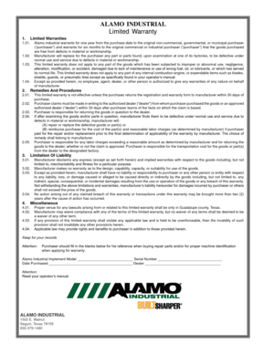 Page 36
ALAMO INDUSTRIALLimited W
ALAMO INDUSTRIAL1502 E. W
Seguin, T
830-379-1480
1. Limited W1.01. Alamo indu strial warrants for one year from the purchase \(\223purchaser\224\) 
are free from defects in material or workmanship.
1.02. Manufacturer will replace for  the purchaser any part or parts found, upon examination at normal use and service due to defects in material or workmanship.1.03. This limited warranty does not apply to any part of the goods which has \
been subjected to improper or abnormal...