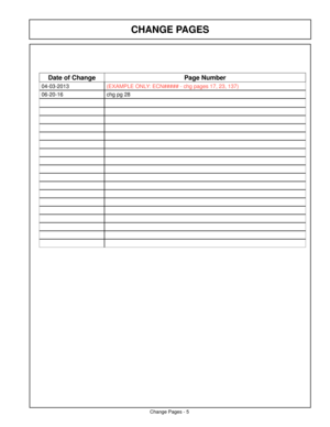 Page 5Change Pages - 5
Date of ChangePage Number
04-03-2013(EXAMPLE ONLY: ECN##### - chg pages 17, 23, 137)
06-20-16 chg pg 28
CHANGE PAGES  