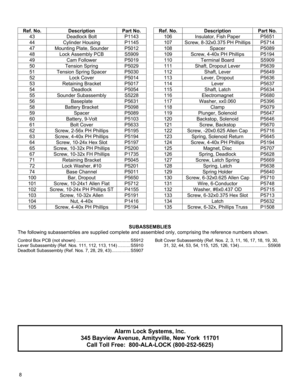 Page 88 
SUBASSEMBLIES 
The following subassemblies are supplied complete and assembled only, comprising the reference numbers shown. 
Control Box PCB (not shown) ........................................... S5912 
Lever Subassembly (Ref. Nos. 111, 112, 113, 114) .......... S5910 
Deadbolt Subassembly (Ref. Nos. 7, 28, 29, 43) ............... S5907 Bolt Cover Subassembly (Ref. Nos. 2, 3, 11, 16, 17, 18, 19, 30, 
31, 32, 44, 53, 54, 115, 125, 126, 134) ...................... S5908  
Alarm Lock Systems, Inc. 
345...