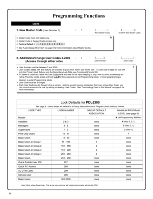 Page 1616 
1. New Master Code (User Number 1) 
2. Add/Delete/Change User Codes 2-2000 
            (Access through either side)  
; 1      ; [ _ _ _ _ _ _ ]           ; [ _ _ _ _ _ _ ] : 
   (New Master Code)                  (Confirm New Master Code) 
; 2      ; [ _ _ _ _ ]                ; [ _ _ _ _ _ _ ] : 
(User Number)                                    (User Code) 
•User Number must be between 2 and 2000. 
•User Codes added with this feature are enabled to pass from either side of the lock.  To add User...