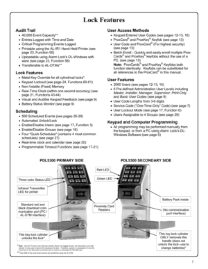 Page 33 
Audit Trail 
•40,000 Event Capacity** 
•Entries Logged with Time and Date 
•Critical Programming Events Logged 
•Printable using the AL-IR1 Hand-Held Printer (see 
page 23, Function 55) 
•Uploadable using Alarm Locks DL-Windows soft-
ware (see page 23, Function 58) 
•Transferable to AL-DTMs** 
 
Lock Features 
•Metal Key Override for all cylindrical locks*.   
•Keypad Lockout (see page 24, Functions 60-61) 
•Non-Volatile (Fixed) Memory 
•Real-Time Clock (within one second accuracy) (see 
page 21,...