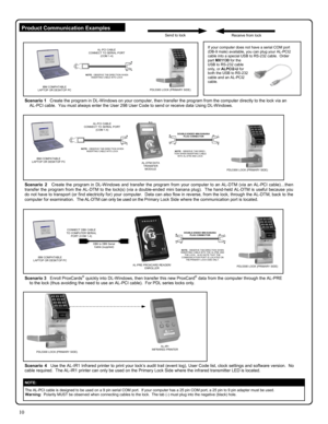 Page 1010 
 
NOTE:  
The AL-PCI cable is designed to be used on a 9 pin serial COM port.  If your computer has a 25 pin COM port, a 25 pin to 9 pin adapter must be used.   
Warning:  Polarity MUST be observed when connecting cables to the lock.  The tab (-) must plug into the negative (black) hole. 
DB9 to DB9 Serial 
Cable (supplied) 
Scenario 3   Enroll ProxCards® quickly into DL-Windows, then transfer this new ProxCard® data from the computer through the AL-PRE 
to the lock (thus avoiding the need to use an...