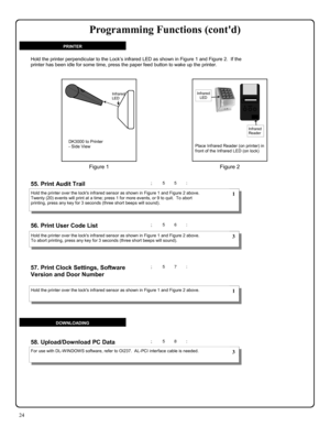 Page 2424 
; 5 5 : 
; 5 7 :  57. Print Clock Settings, Software 
Version and Door Number
  
55. Print Audit Trail  
; 5 6 :  56. Print User Code List  
; 5 8 : 58. Upload/Download PC Data 
Hold the printer over the locks infrared sensor as shown in Figure 1 and Figure 2 above.  
Twenty (20) events will print at a time; press 1 for more events, or 9 to quit.  To abort 
printing, press any key for 3 seconds (three short beeps will sound). 
Hold the printer over the locks infrared sensor as shown in Figure 1 and...