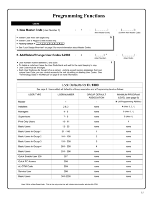 Page 1515 
1. New Master Code (User Number 1) 
2. Add/Delete/Change User Codes 2-2000  
; 1      ; [ _ _ _ _ _ _ ]           ; [ _ _ _ _ _ _ ] : 
   (New Master Code)                  (Confirm New Master Code) 
; 2      ; [ _ _ _ _ ]  *              ; [ _ _ _ _ _ _ ] : 
(User Number)                                    (User Code) 
•User Number must be between 2 and 2000. 
•To delete a code/card, leave the User Code blank and wait for the rapid beeping to stop. 
•User Code must be 3-6 digits. 
•Each User Code...