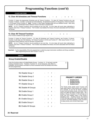 Page 1717 
; 1 2      ; 0 0 0 :  12. Clear All Schedules and Timeout Functions 
Function 12 clears all programmed Schedules and all Timeout Functions.  (To clear All Timeout Functions only, see 
Function 13 below).  Function 12 will clear all of the following:  All Schedule Functions 72 through 93, Timeout Functions 
5, 25 through 34 and Function 47.  Note:  Function 12 also resets Passage Mode and any disabled Groups.  After using 
Function 12, your Scheduled/Timeout features must be manually re-programmed....