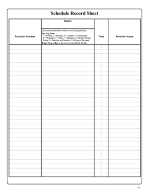 Page 3333 
 Day(s)  
 
   
 
 
Function Number Up to 500 scheduled functions can be programmed.    For Day Enter: 
1 = Sunday, 2 = Monday, 3 = Tuesday, 4 = Wednesday 
5 = Thursday, 6 = Friday, 7 = Saturday, 8 = Monday through 
Friday, 9 = Saturday and Sunday, 0 = All days of the week 
 Enter Time of Day in 24-hour format (00:00- 23:59) 
 
 
Time  
 
Function Name 
  :  
  :  
  :  
  :  
  :  
  :  
  :  
  :  
  :  
  :  
  :  
  :  
  :  
  :  
  :  
  :  
  :  
  :  
  :  
  :  
  :  
  :  
  :  
  :  
  :...