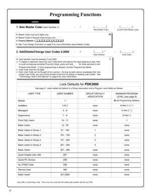 Page 1818 
1. New Master Code (User Number 1) 
2. Add/Delete/Change User Codes 2-2000  
; 1      ; [ _ _ _ _ _ _ ]           ; [ _ _ _ _ _ _ ] : 
   (New Master Code)                  (Confirm New Master Code) 
; 2      ; [ _ _ _ _ ]  *              ; [ _ _ _ _ _ _ ] : 
(User Number)                                    (User Code) 
•User Number must be between 2 and 2000. 
•To delete a code/card, leave the User Code blank and wait for the rapid beeping to stop, then 
to avoid erroneously enrolling Proximity...