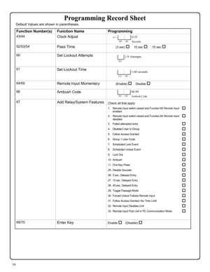 Page 3434 
Function Number(s) Function Name Programming  
43/44 Clock Adjust    
52/53/54 Pass Time          (3 sec) †     10 sec †    15 sec †  
60 Set Lockout Attempts   
61 Set Lockout Time     
64/65 Remote Input Momentary          (Enable) †    Disable †   
66 Ambush Code   
67 Add Relay/System Features 
 
  
 
 
 
 
69/70 Enter Key Enable †    (Disable) †   
  
+/-    0-55  
 (0) (0) Seconds 
 1-9 Attempts 
(6)  
  1-60 seconds 
(1) (8)  
  00-99 
(9) (9) Ambush Code 
Default Values are shown in...