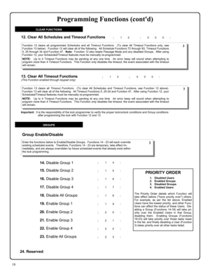 Page 1818 
; 1 2      ; 0 0 0 :  12. Clear All Schedules and Timeout Functions 
Function 12 clears all programmed Schedules and all Timeout Functions.  (To clear All Timeout Functions only, see 
Function 13 below).  Function 12 will clear all of the following:  All Schedule Functions 72 through 93, Timeout Functions 
5, 25 through 34 and Function 47.  Note:  Function 12 also resets Passage Mode and any disabled Groups.  After using 
Function 12, your Scheduled/Timeout features must be manually re-programmed....